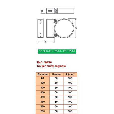 Bride Murale Réglable 50-100mm - Conduit Inox Simple Paroi Ø 200mm
