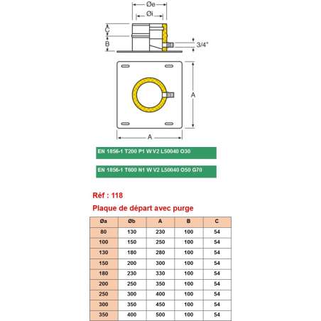 Plaque de Départ avec Purge Horizontale - Conduit Inox Double Paroi Isolé Ø 200mm