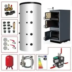 Kit chaudière bois MAX 25kW avec ballon tampon NIA 1000L et accessoires de sécurité.