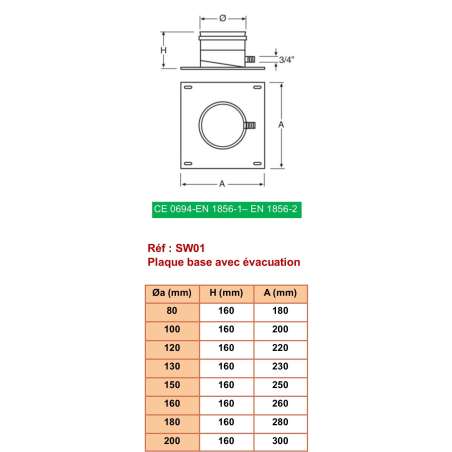 Plaque de Départ avec Purge Horizontale - Inox Simple Paroi Ø 130mm