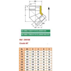 Schéma technique et dimensions du coude 45 degrés DW Ø 300mm isolé.