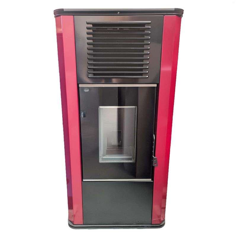 Poêle à granulés bouilleur hydro et air bordeaux et noir avec porte vitrée.