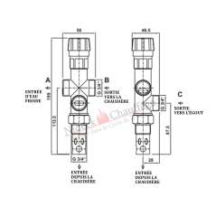 Schéma de raccordement hydraulique de la soupape double effet DBV1 G3/4" (20x27mm) pour chaudière.
