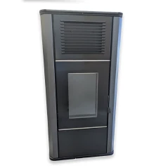 Poêle à granulés bouilleur hydro et air P20 de couleur gris et noir avec porte vitrée.