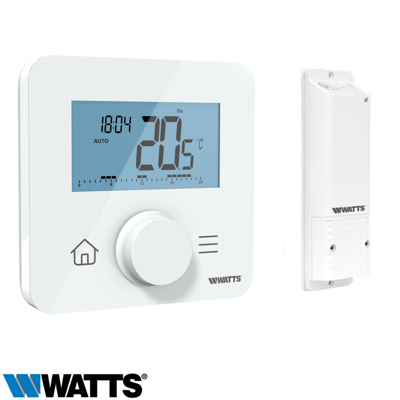Thermostat d'ambiance digital programmable sans fil Watts BT-DP03 HC RF avec molette rotative centrale.