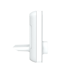 Vue de profil du boîtier thermostat sans fil blanc monté sur son socle de table incliné.