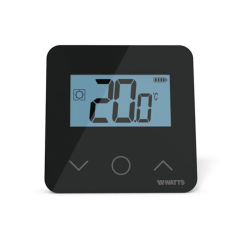 Vue de face du thermostat d'ambiance noir avec touches tactiles et affichage de consigne.