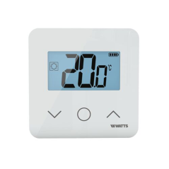 Vue de face du thermostat d'ambiance blanc avec touches capacitives et affichage de consigne.